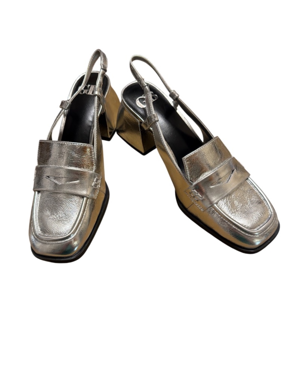 GB Gianni Bini Silver Metallic Slingback Loafer Block Heels 8M